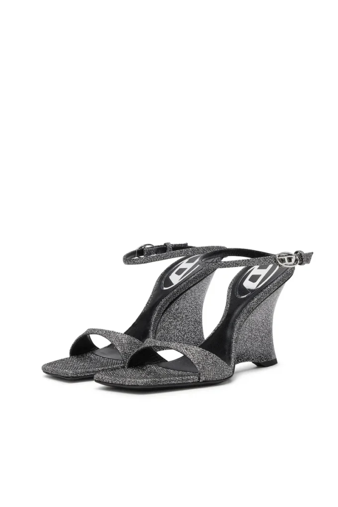 d-amber sandalet topuk Lurex kumaştan D-Amber-Wedge sandaletler