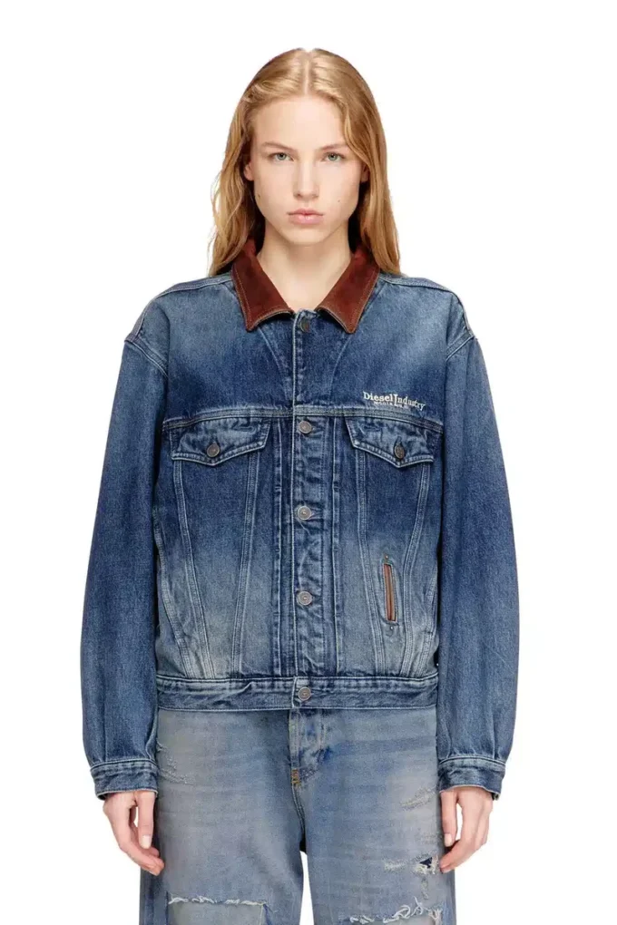 d-denver-s1 Kontrast deri süslemeli denim trucker ceket