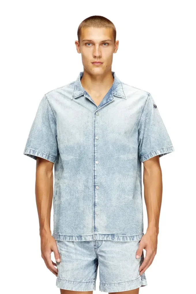 d-nabil-s4 Mermer desenli denim bowling gömlek