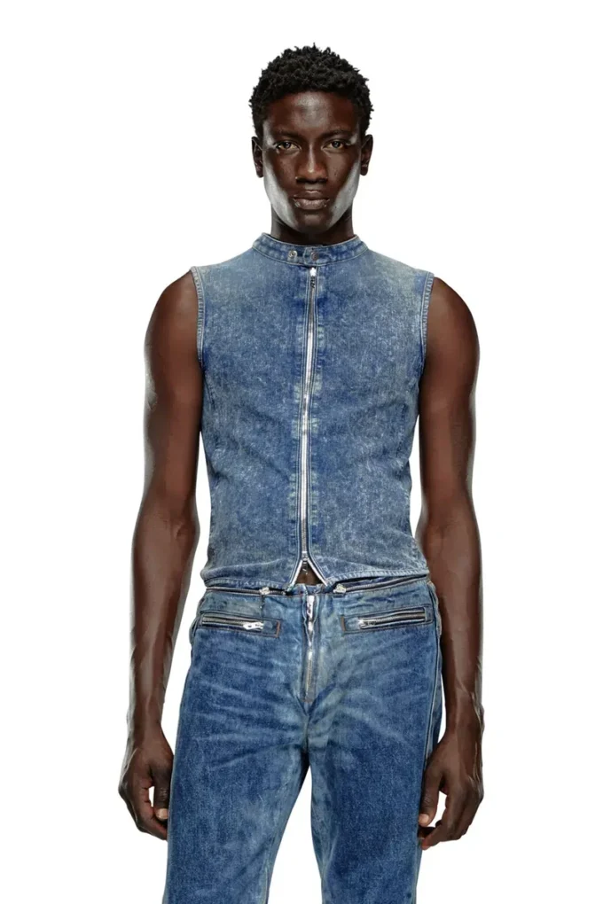 d-nata-fse Motosikletçi detaylı kolsuz denim üst