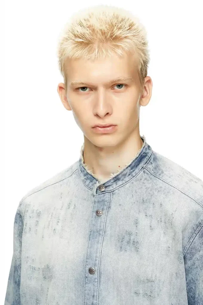 d-simp-fsh Eskitilmiş bal peteği desenli denim gömlek