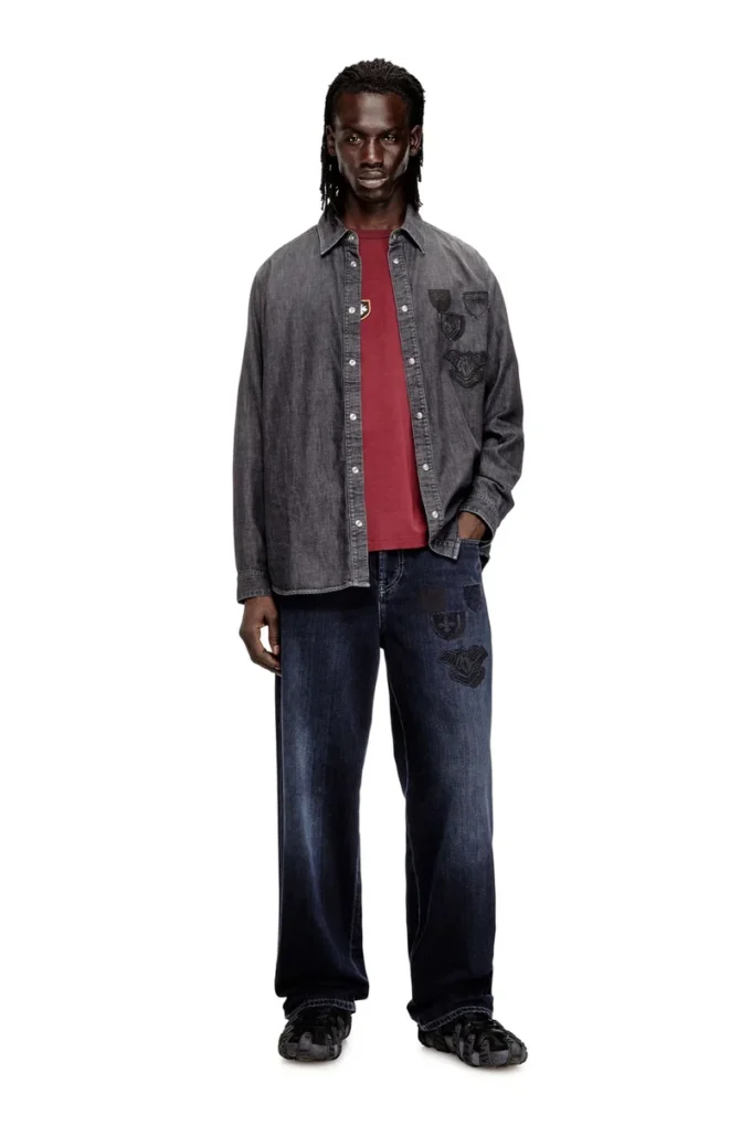 d-simply-s15 Nakışlı amblemli denim gömlek