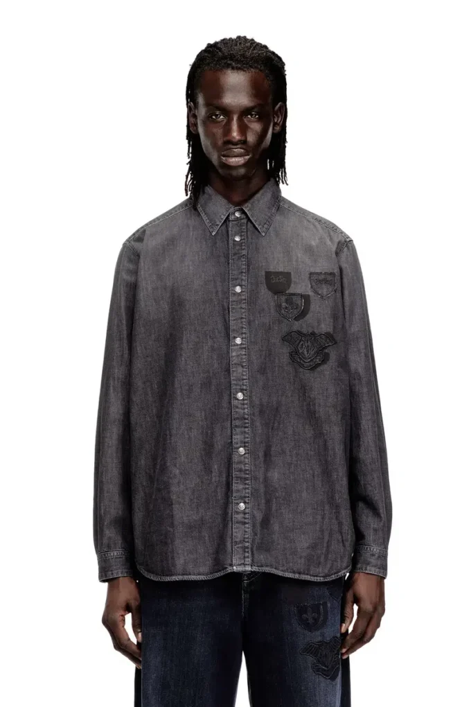 d-simply-s15 Nakışlı amblemli denim gömlek