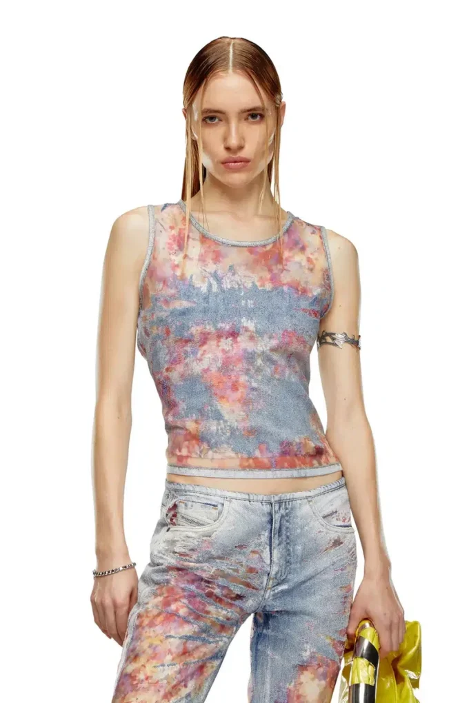 de-ciri-fse Çiçek desenli devoré denim tank top