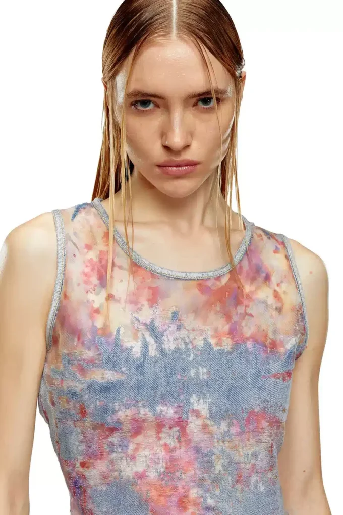 de-ciri-fse Çiçek desenli devoré denim tank top