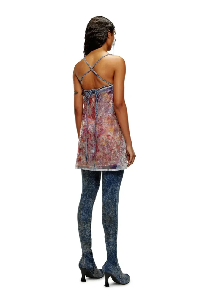 de-held-short-fse Payetli denim askılı midi elbise