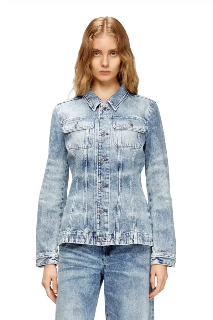de-katerin-fsh Lazerle işlenmiş pamuk-kenevir denimden üretilmiş dar kesim ceket