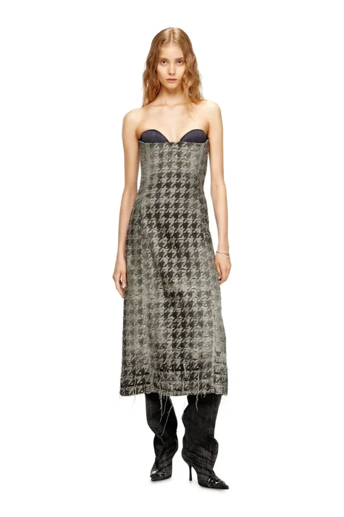 de-olivia-fsh Houndstooth dokuma denim midi elbise