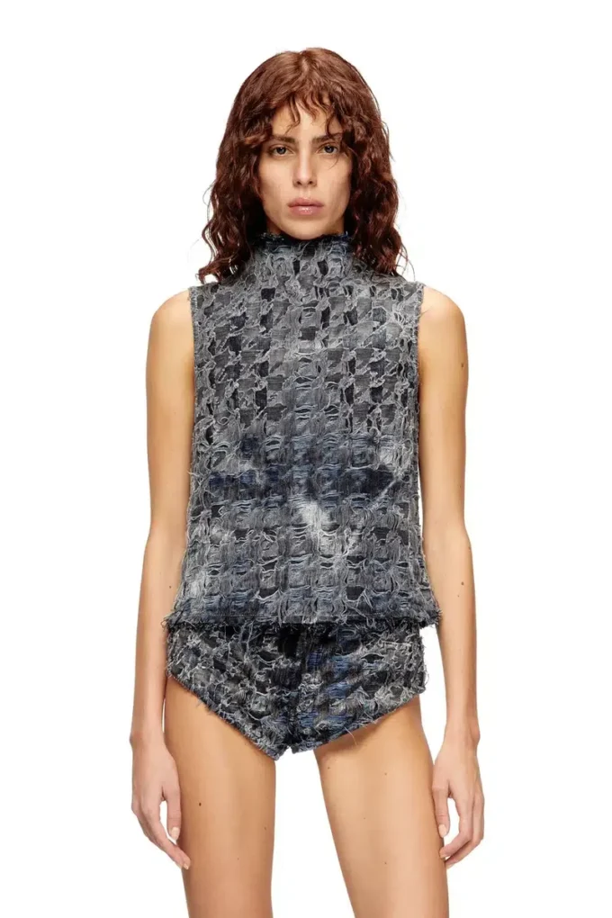 de-tapi-fsh1 Houndstooth batik denim kolsuz üst