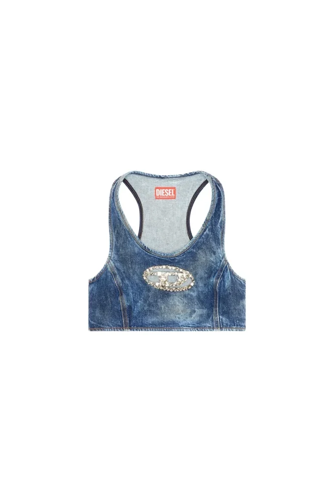 de-top-fse Kristal plakalı kısa denim üst