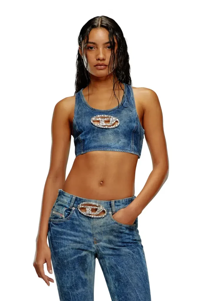 de-top-fse Kristal plakalı kısa denim üst