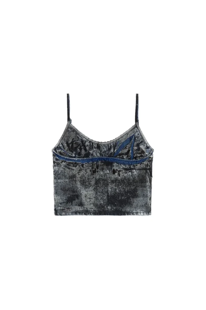 de-verni-fse İnce çizgili devoré denim üst