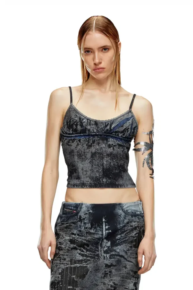 de-verni-fse İnce çizgili devoré denim üst