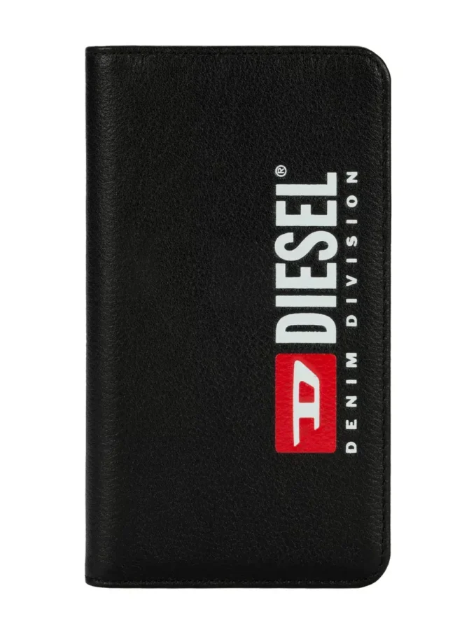 Diesel 2’si 1 arada folyo kılıf, iPhone XS ve iPhone X için Siyah deri baskılı ve kabartmalı logo kılıf, iPhone XS ve X