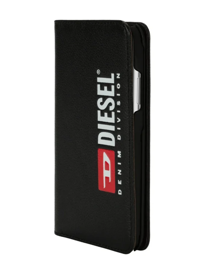 Diesel 2’si 1 arada folyo kılıf, iPhone XS ve iPhone X için Siyah deri baskılı ve kabartmalı logo kılıf, iPhone XS ve X