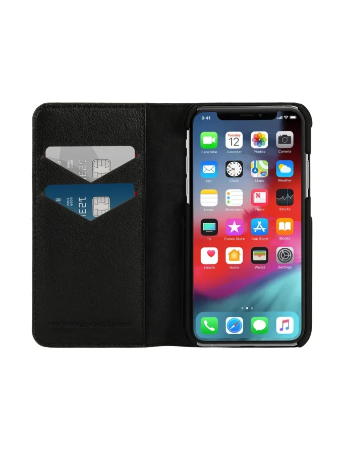 Diesel 2’si 1 arada folyo kılıf, iPhone XS ve iPhone X için Siyah deri baskılı ve kabartmalı logo kılıf, iPhone XS ve X