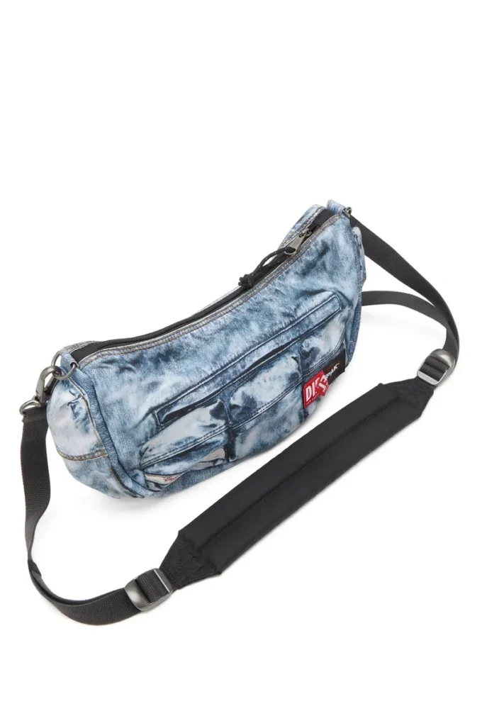 Diesel omuz çantası Trompe l’oeil denim çok cepli çanta