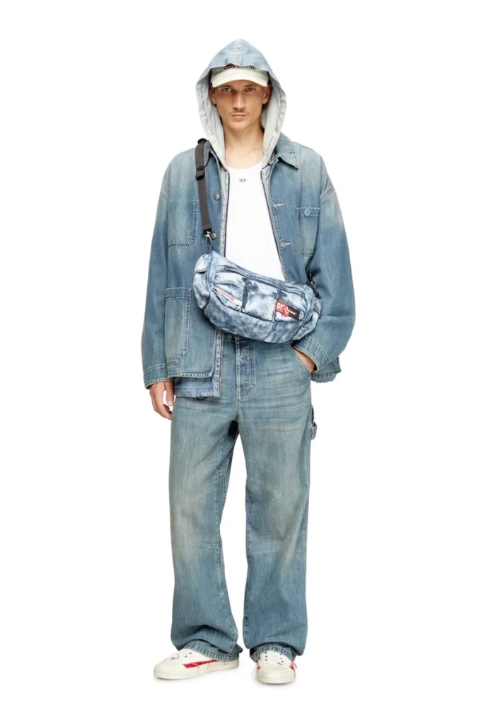 Diesel omuz çantası Trompe l’oeil denim çok cepli çanta