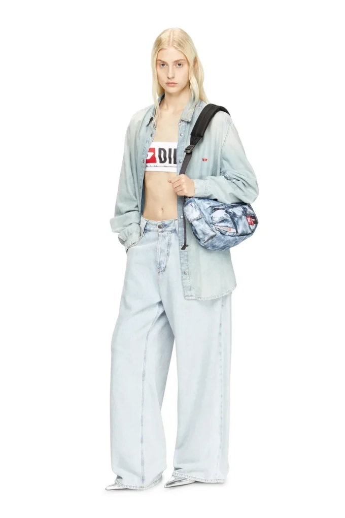 Diesel omuz çantası Trompe l’oeil denim çok cepli çanta