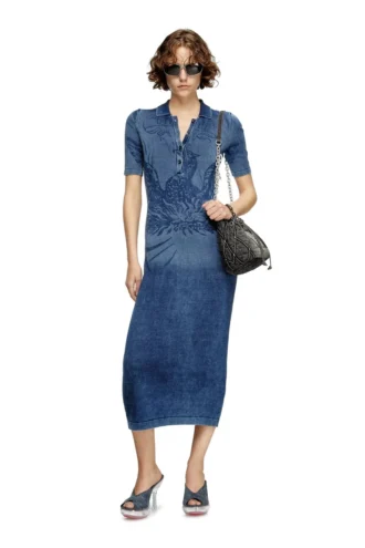 m-fenny-drs Denim efektli örgü polo midi elbise