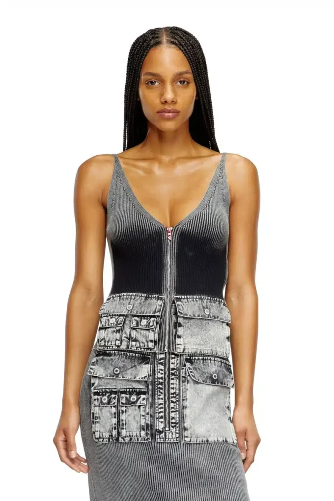 m-melly Denim kargo cepli örgü tank top