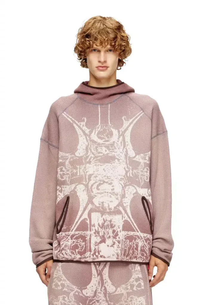 s-waf-hood-new Grafik baskılı soluk waffle kapüşonlu sweatshirt