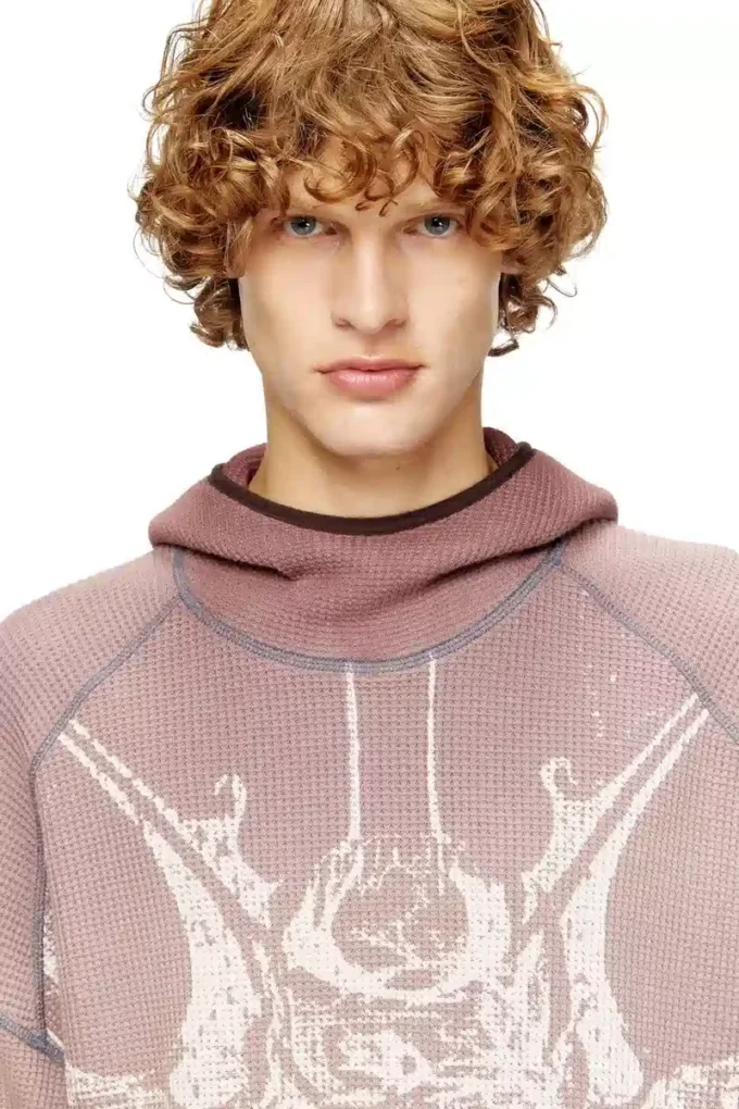 s-waf-hood-new Grafik baskılı soluk waffle kapüşonlu sweatshirt