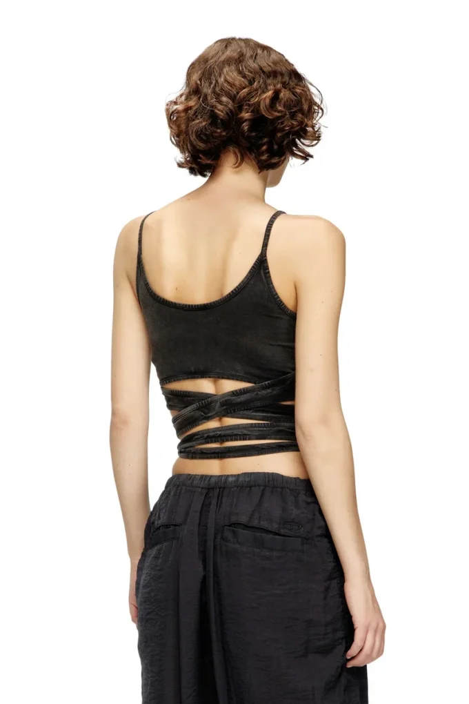 t-leya-tail-r1 Denim görünümlü, sargı bağcıklı yelek