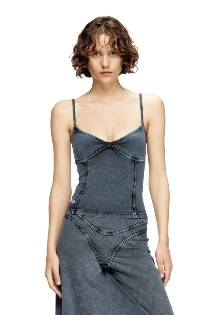 t-ony Denim görünümlü jarse askılı üst