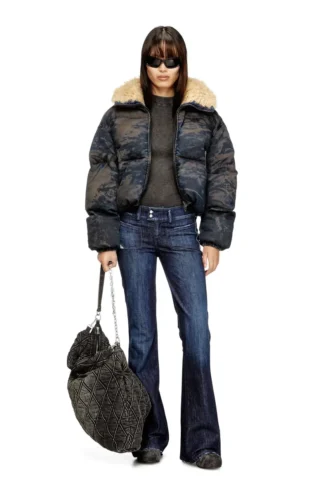 w-aves-fur Kir efekti kamuflaj denim kapüşonlu şişme ceket