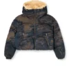 w-aves-fur Kir efekti kamuflaj denim kapüşonlu şişme ceket