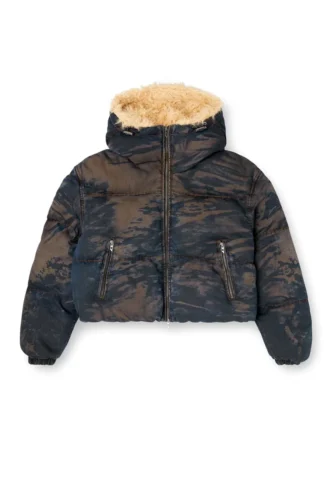 w-aves-fur Kir efekti kamuflaj denim kapüşonlu şişme ceket