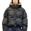 w-aves-fur Kir efekti kamuflaj denim kapüşonlu şişme ceket