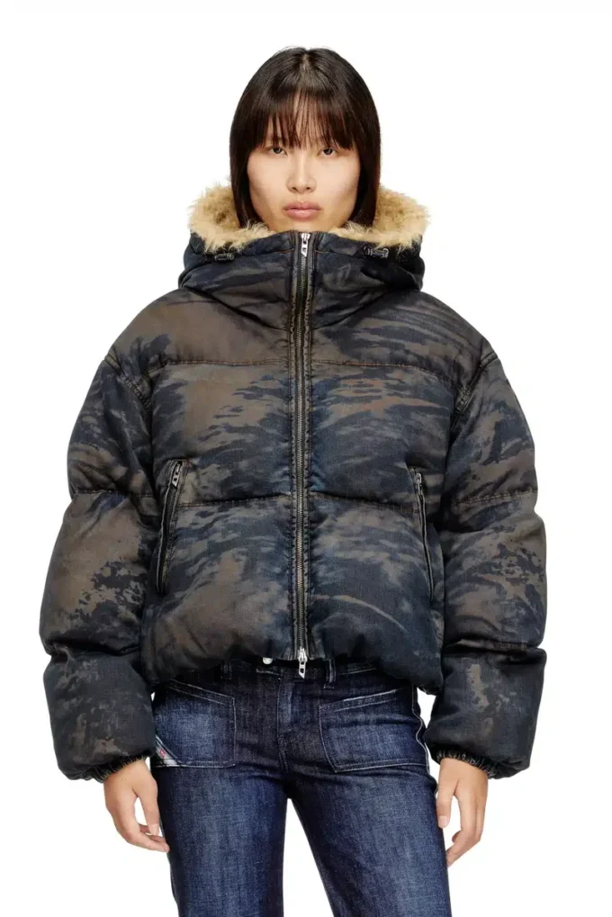 w-aves-fur Kir efekti kamuflaj denim kapüşonlu şişme ceket