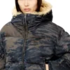w-aves-fur Kir efekti kamuflaj denim kapüşonlu şişme ceket