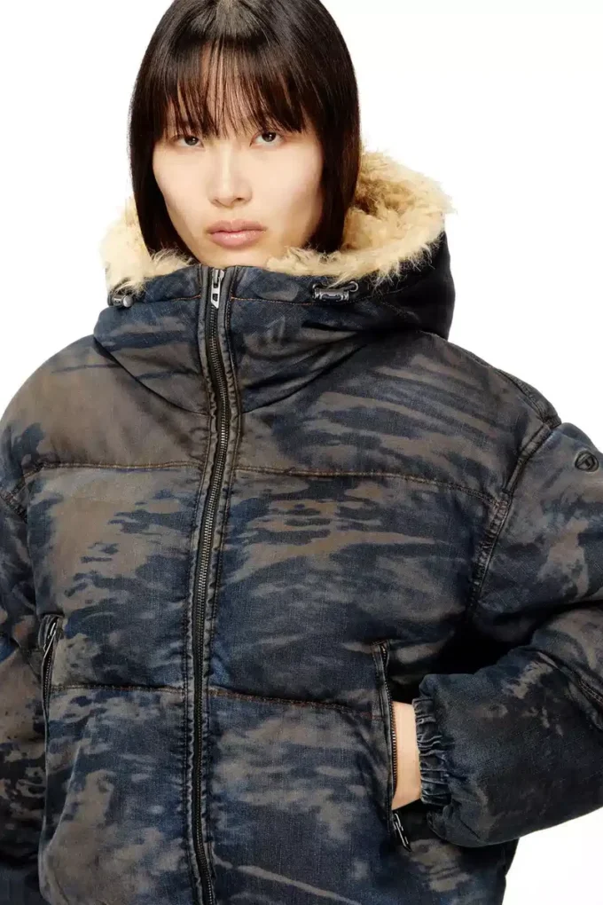 w-aves-fur Kir efekti kamuflaj denim kapüşonlu şişme ceket