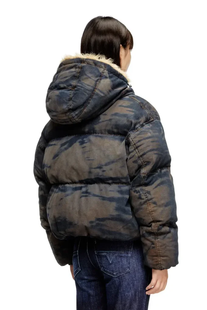 w-aves-fur Kir efekti kamuflaj denim kapüşonlu şişme ceket