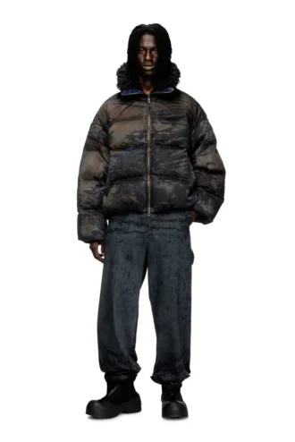 w-johns Kir efekti kamuflaj denim puffer ceket